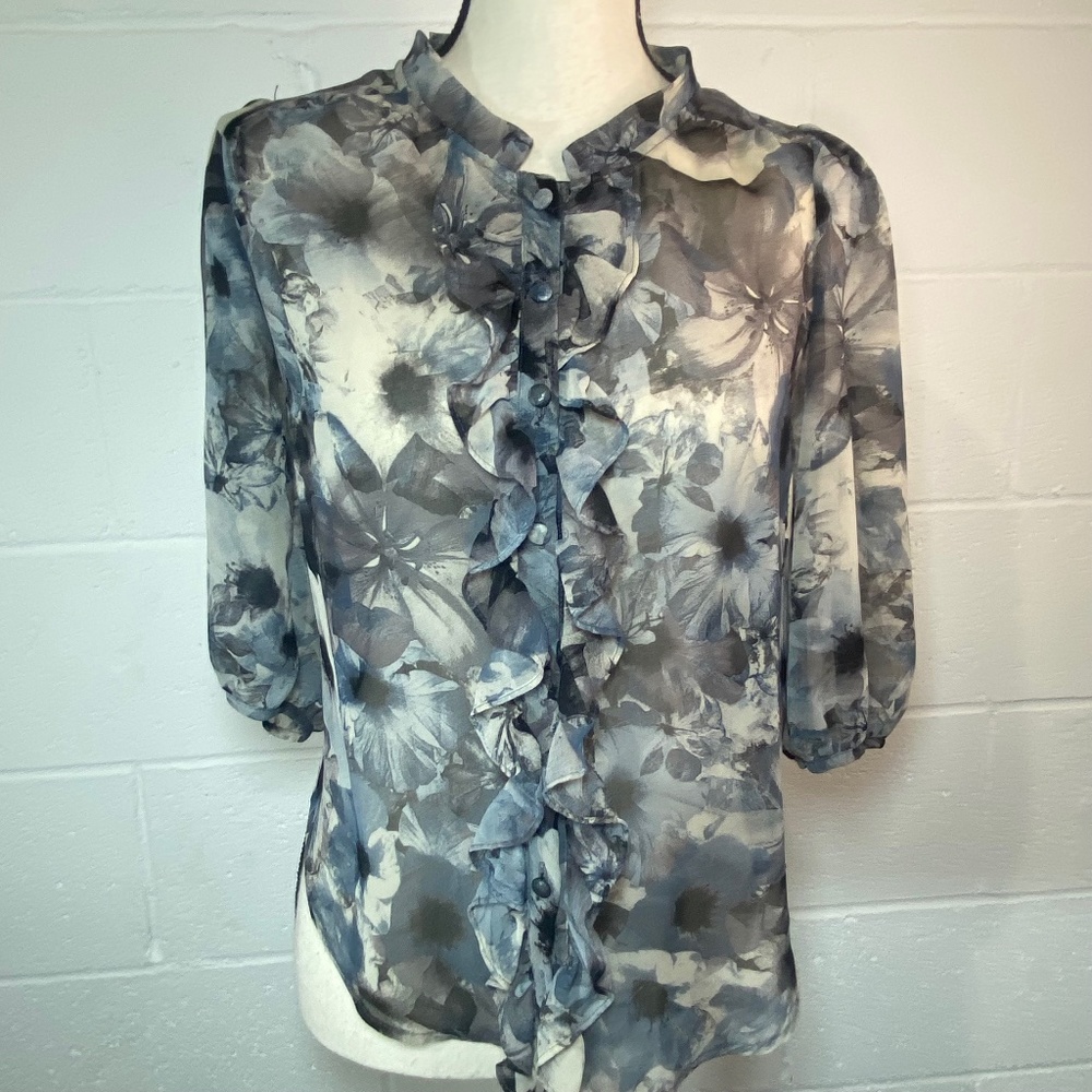 Pleione Blue & White Floral Sheer Button Down Blouse